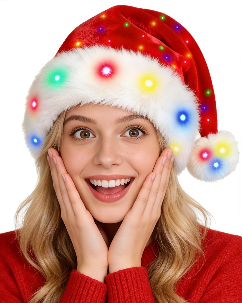 LED Light Up Christmas Santa Hat for Adult Women Men Holiday Xmas Headwear wi…