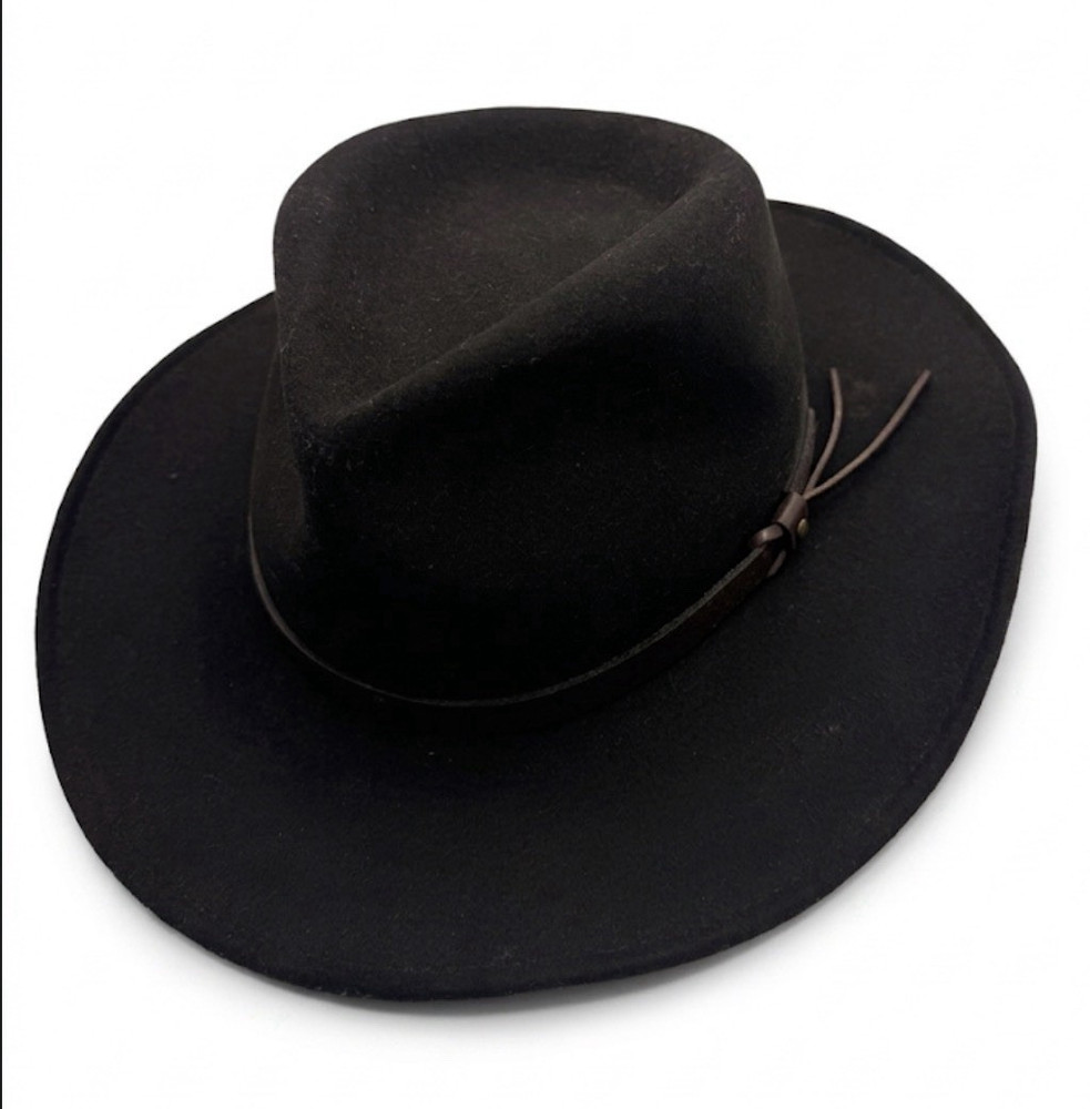 Scala Classico Black 100% Wool Felt Fedora Hat Medium Genuine Leather Band