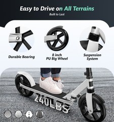 Adjustable Kick Scooter for Adults Teens Kid Foldable Scooter 7.9IN Big Wheels