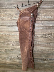 Western Cowboy Chaps Handmade Suede Leather Riding Pant Fringed Braided Chinks