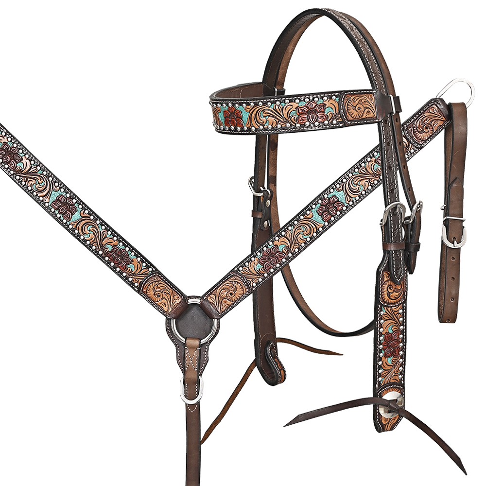 Western Headstall and Breast Collar Set HILASON Tooled Leather Horse Bridle Tack