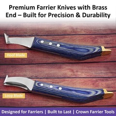 Farrier Hoof Knife Set 2pc Loop Knife Brass End Blue Wood Handle Horse Goat Cow
