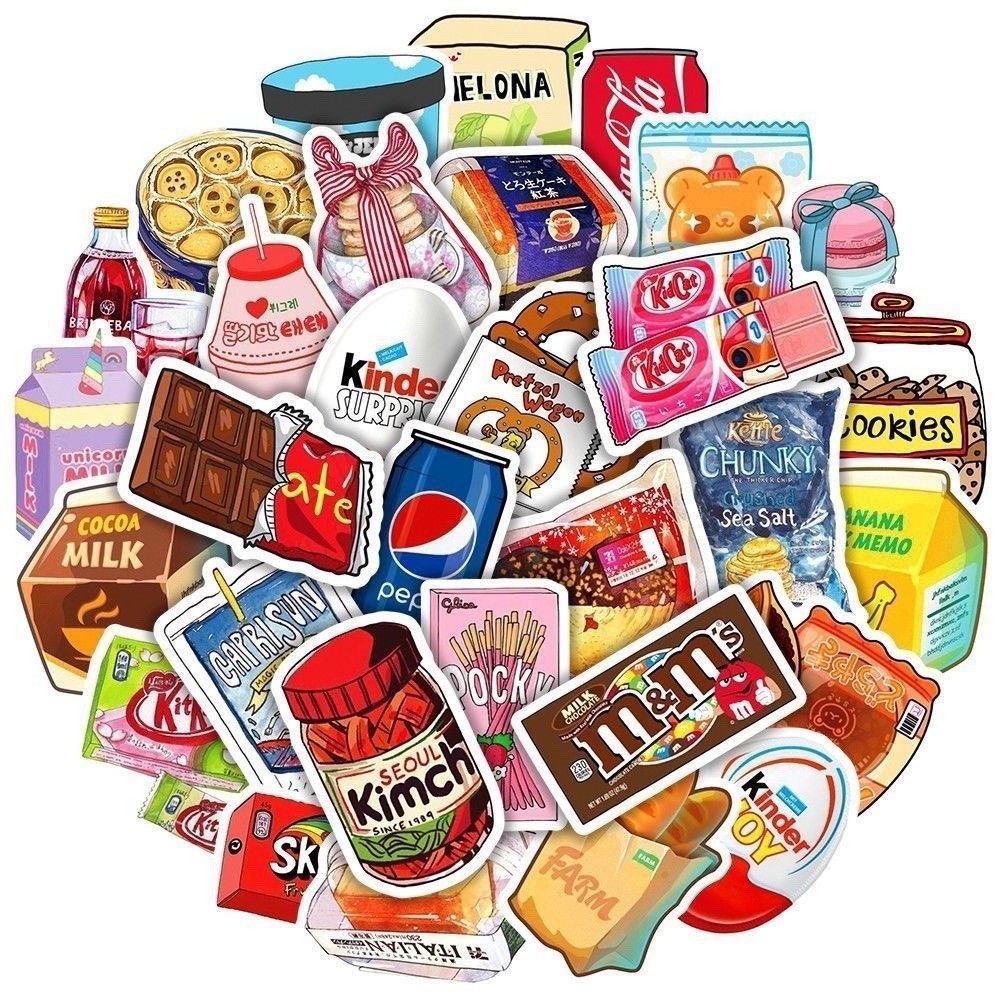 30Pcs Random Kawaii Food Snack Drink Cute Trendy Graffiti Waterproof Stickers