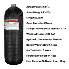 TUXING 4500Psi Scuba Tank Carbon Fiber HPA Tank 6.8L Air Tank for Diving M18*1.5