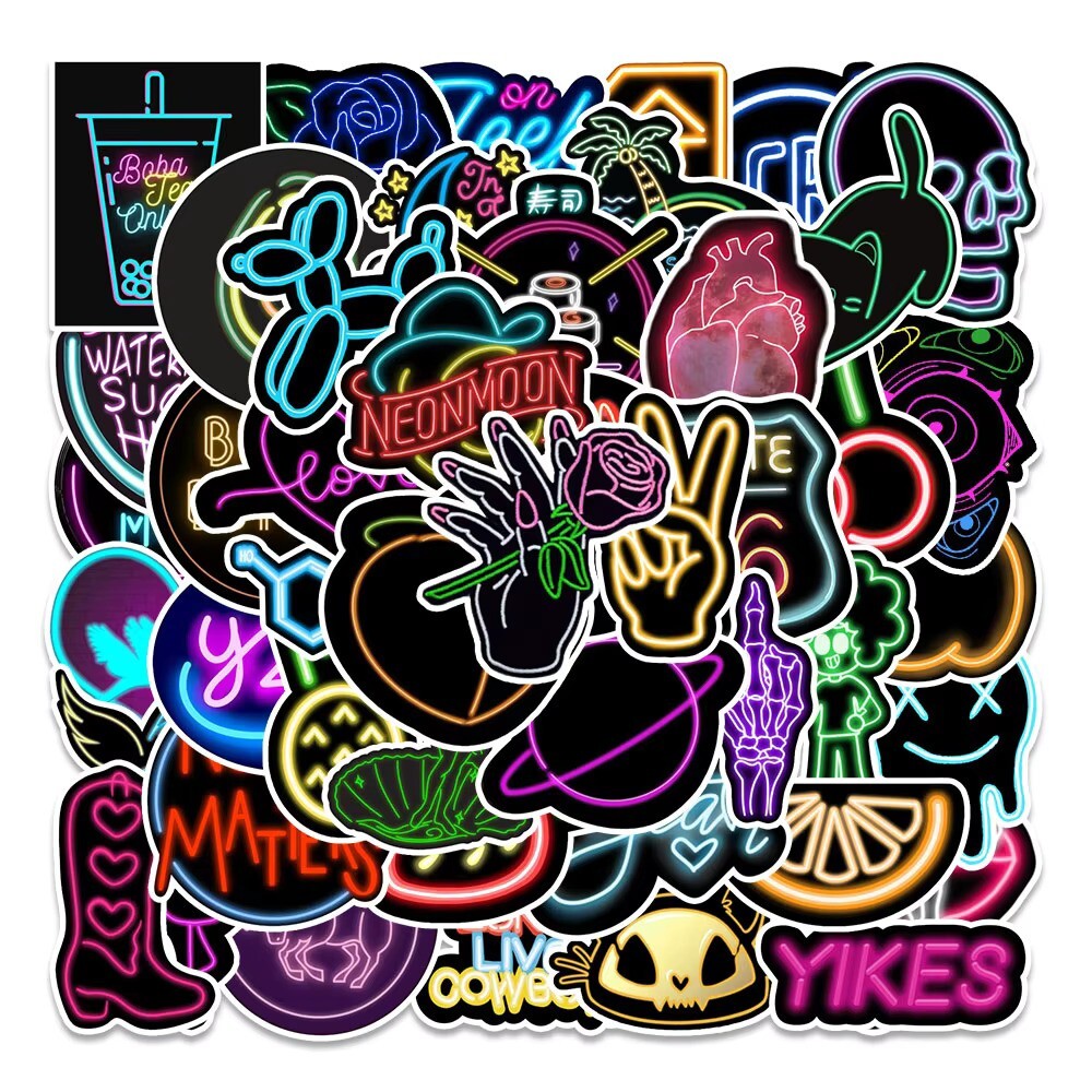 50 Pack of Cool Neon Stickers for Laptop/Water Bottle/Phone Case/Tablet/iPad