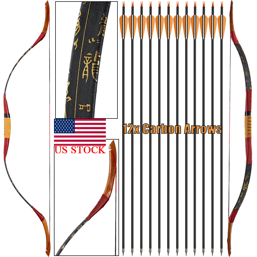Archery 15-50lb Traditional Recurve Bow Mongolian Horse Bow Carbon Arrows Target