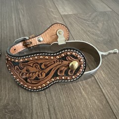 Short Shank Ball End Western Spurs w Copper Spotted Tooled Leather Straps