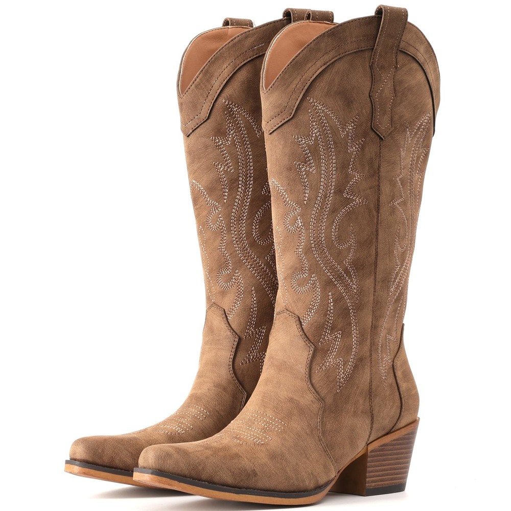 Iuv Cowboy Boots For Women Western Cowgirl Boots Chunky Heel Mid Calf Snip Toe