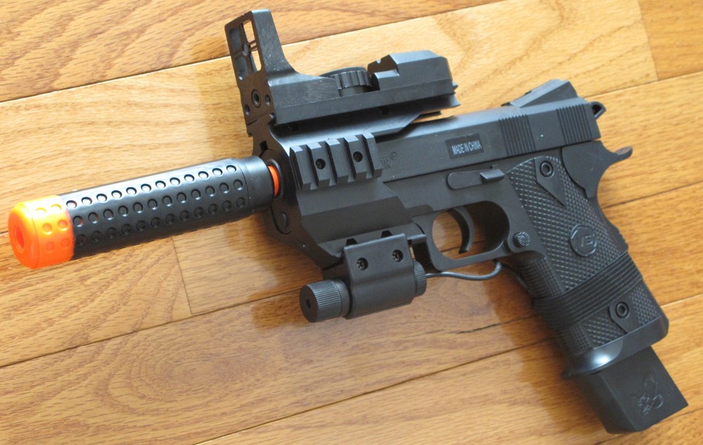 Airsoft Spring Pistol W/Barre Extension, Red Laser, Fake Scope 230 FPS