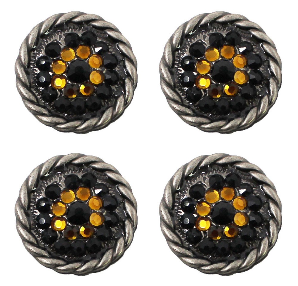 Set of 4 Western Tack Screw Back 1″ Engraved Conchos w/ Yellow Rhinestones CO437