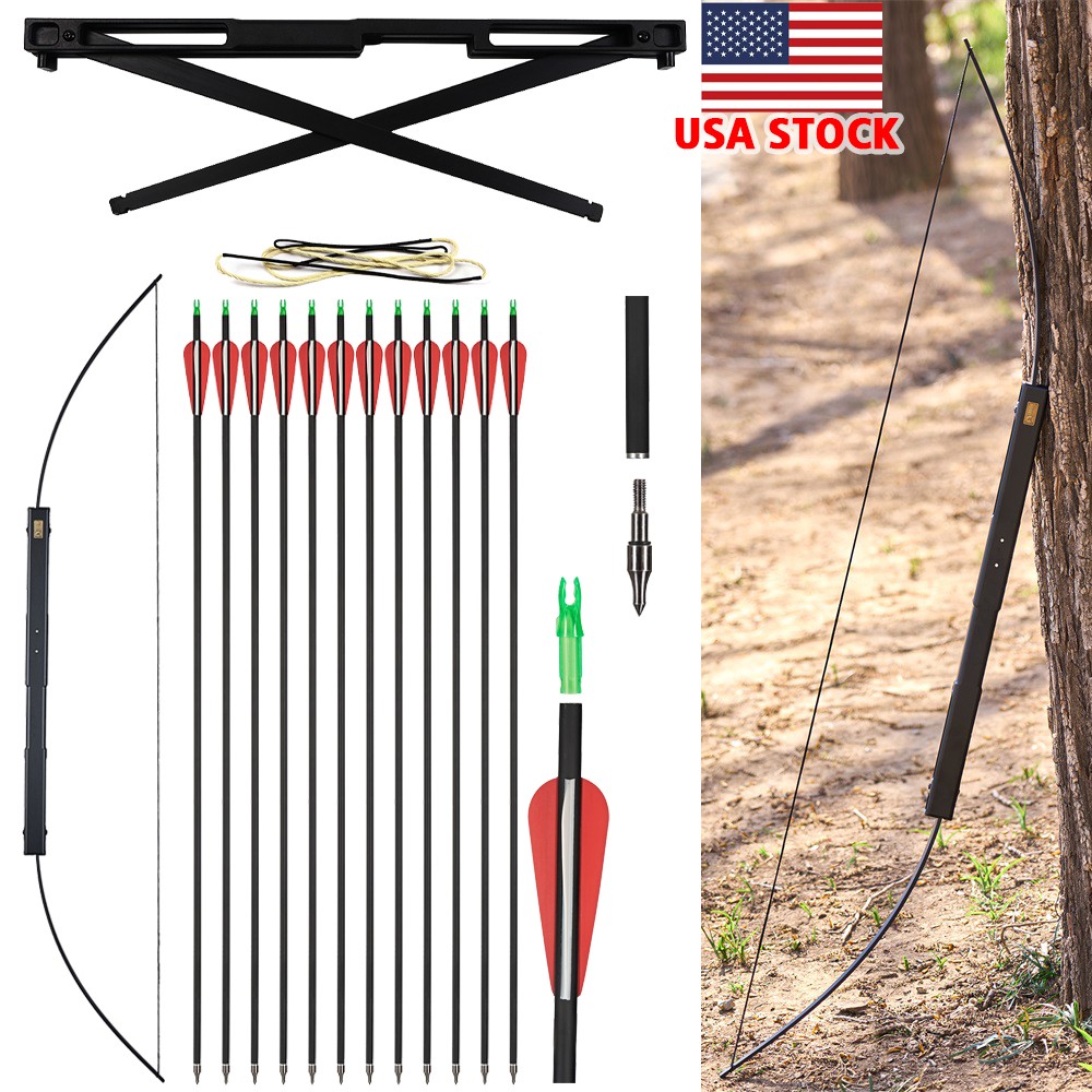 Folding Bow 60″ Longbow 40/60lbs Portable Outdoor Archery Hunting Carbon Arrows