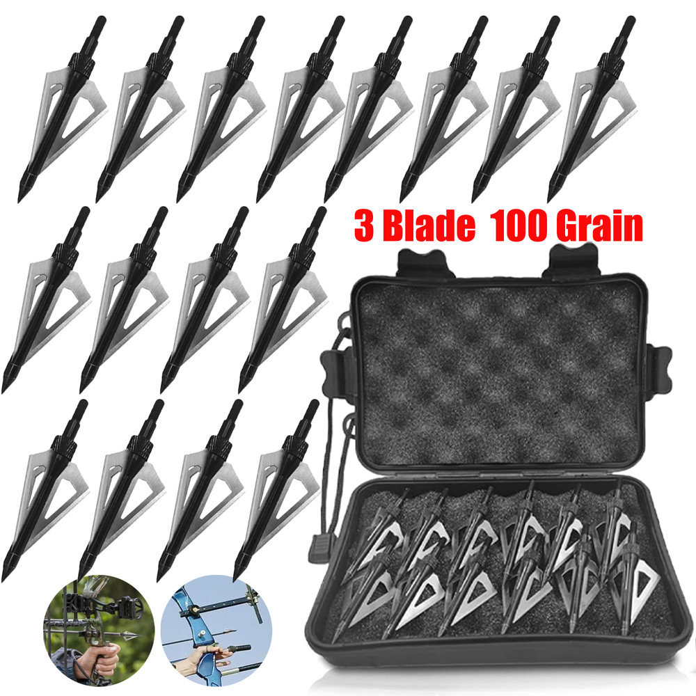 16Pcs Archery Hunting Arrowheads 100 Grain Compound Bow Crossbow Broadheads