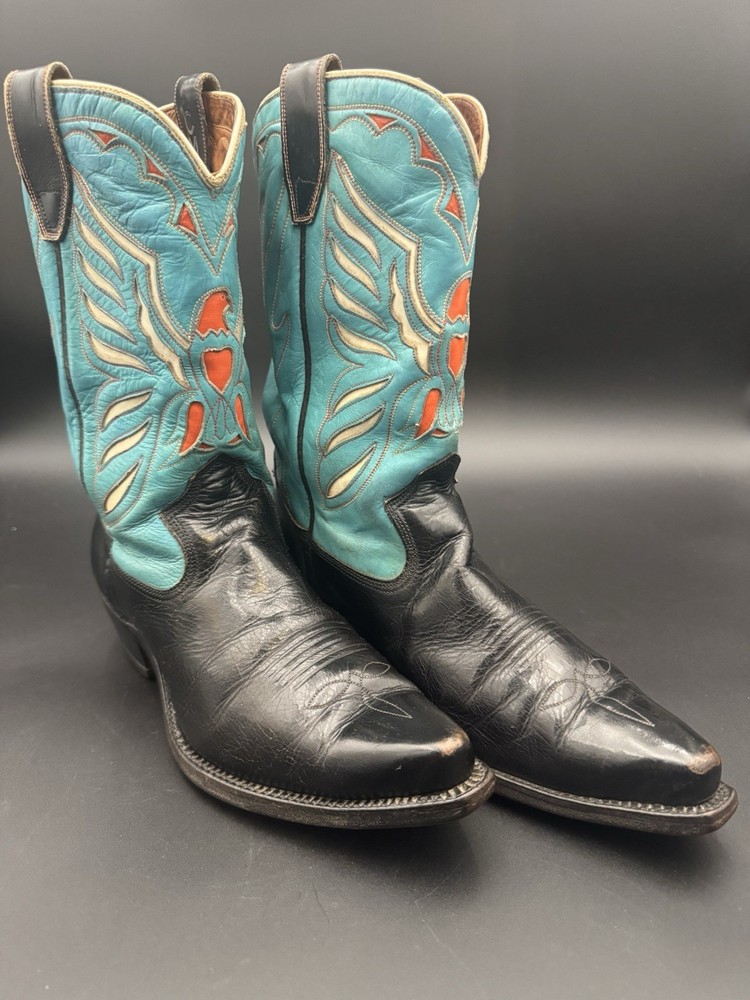 1950’s Acme cowboy boots size 8.5 D. Shorty black & turquoise eagle Inlay Rare!