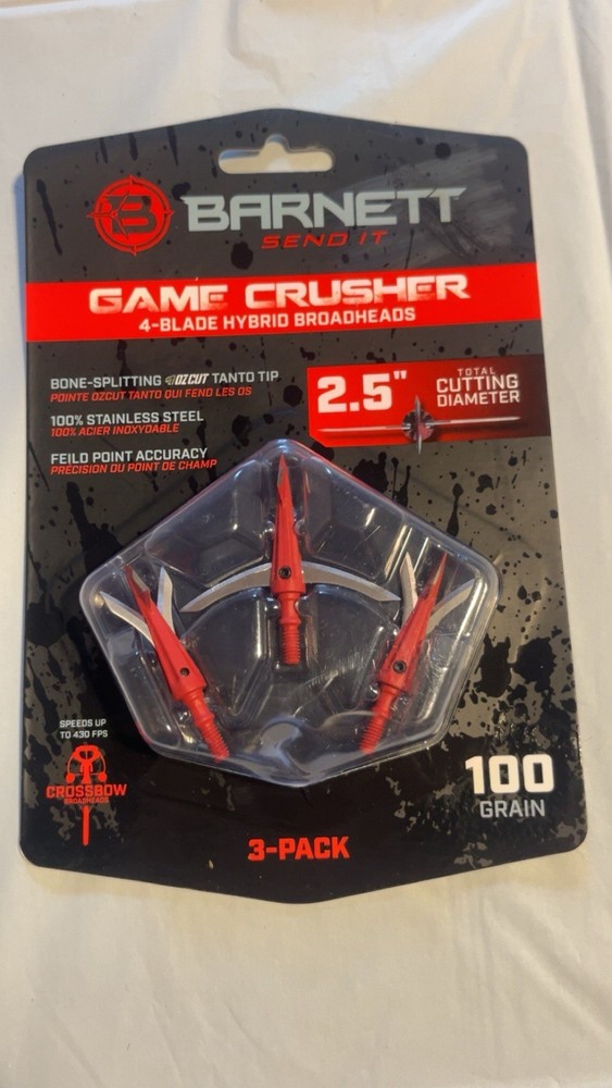 Barnett Game Crusher 4-Blade Hybrid Broadheads 100 Grain 2.5″ Pack of 3 NEW