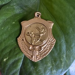 Vtg Gold Tone Archery Archer & Eagle Sagittarius Shield Shaped Medal Charm Italy