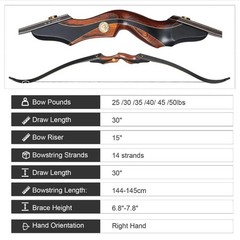 60″ Archery Takedown Recurve Bow Wooden Longbow Hunting Bow Set RH 30-50lbs