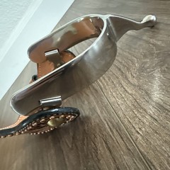 Short Shank Ball End Western Spurs w Copper Spotted Tooled Leather Straps