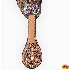Hilason Western Leather Spur Straps Brown Floral Crystals Bling Pink