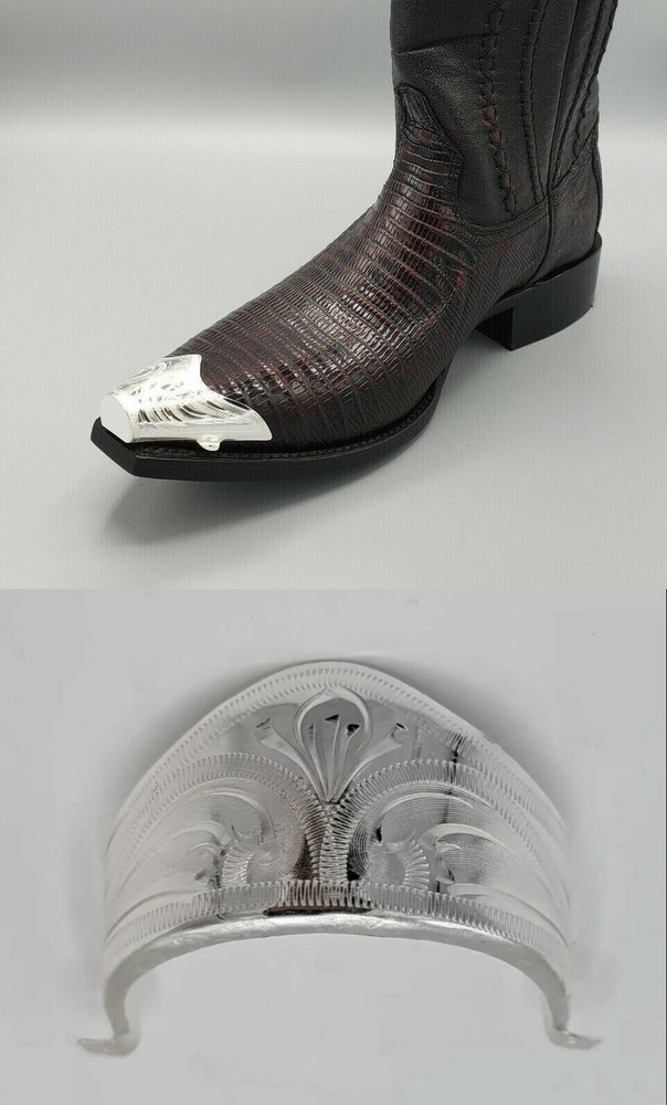 WESTERN COWBOY BOOT TIPS Pair – Silver Engraved Flat Tips w Heel Guards