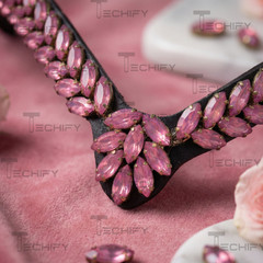Black Leather Horse Browband Pink Crystal V Shape English Bridle Headstall