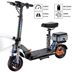 Ruitoo 1600W Electric Scooter Adult Folding E-Scooter 48V 20.8AH 34 MPH 50 Miles