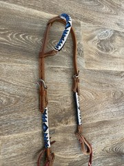 Beaded One Ear Western Leather Headstall, White, Royal Blue, Black, Burgundy