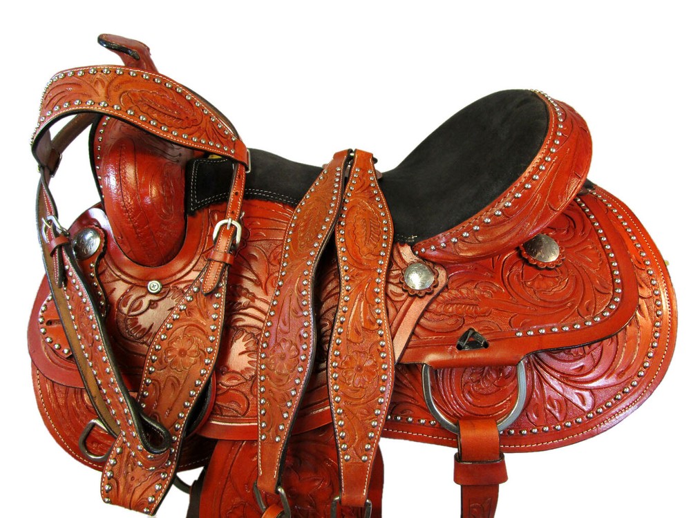BARREL RACING DEEP SEAT FLORAL TOOLED HORSE PLEASURE WESTERN SADDLE 15 16 17 SET