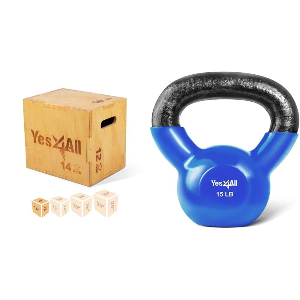 Yes4All Combo: 16″x14″x12″ Wood Plyo Box & 15lb Kettlebell Strength Training