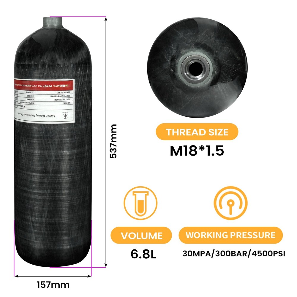 TUXING 4500Psi Scuba Tank Carbon Fiber HPA Tank 6.8L Air Tank for Diving M18*1.5