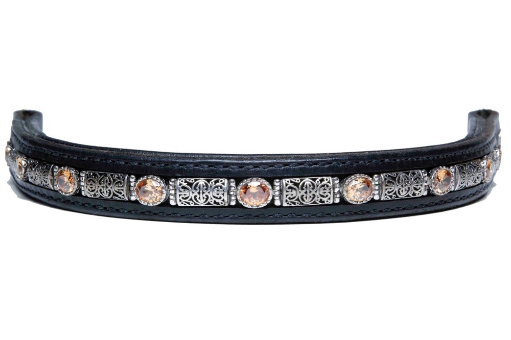 browband People On Horses Oval Filigree Champag – Black Leather – 1 3/4″ Endloop