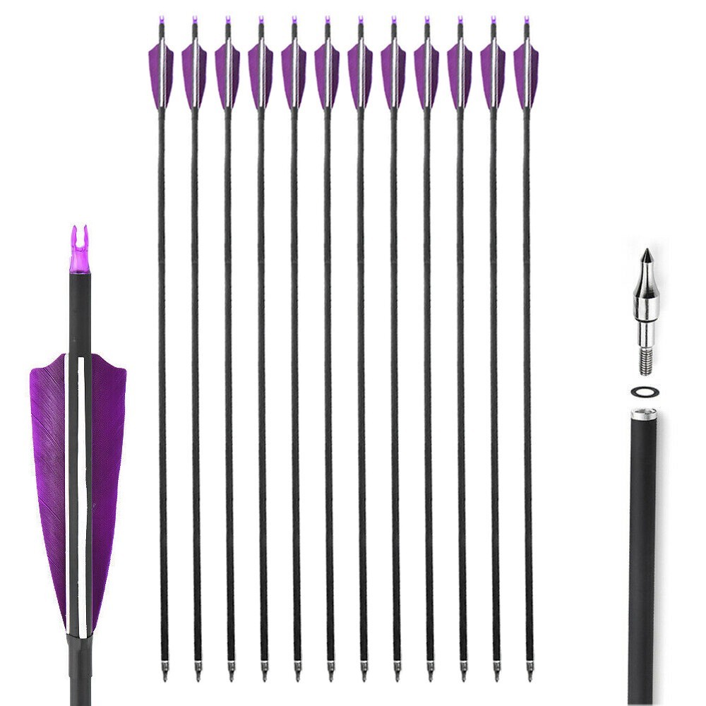 12Pcs Archery Carbon Arrows 30 in Spine 500 with 4 Inch Shield Turkey Feathers