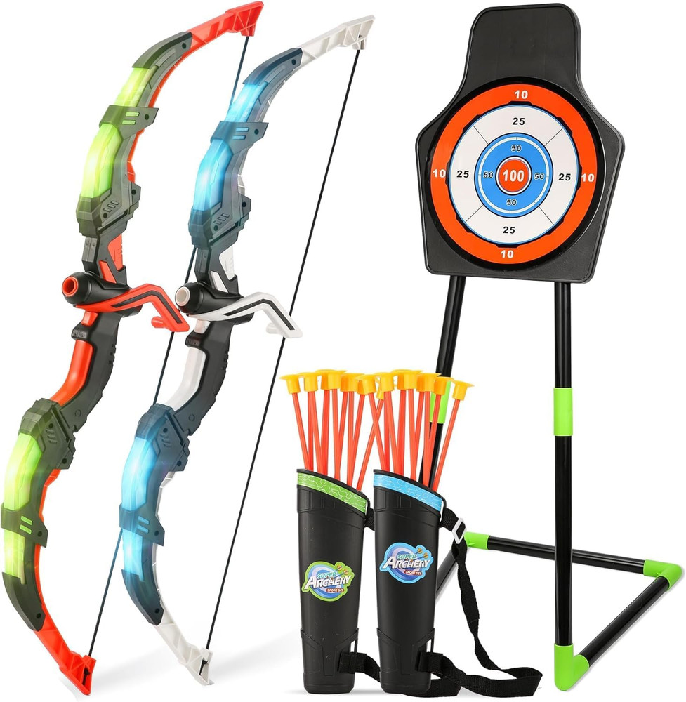 Bow and Arrow Set for Kids, 2-Pack LED Light up Archery Set with 20 Suction Cup