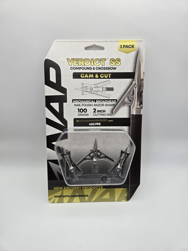 NAP Verdict SS Cam & Cut Mechanical Broadhead 3 Pack 100 Grain 2″ Cut Crossbow