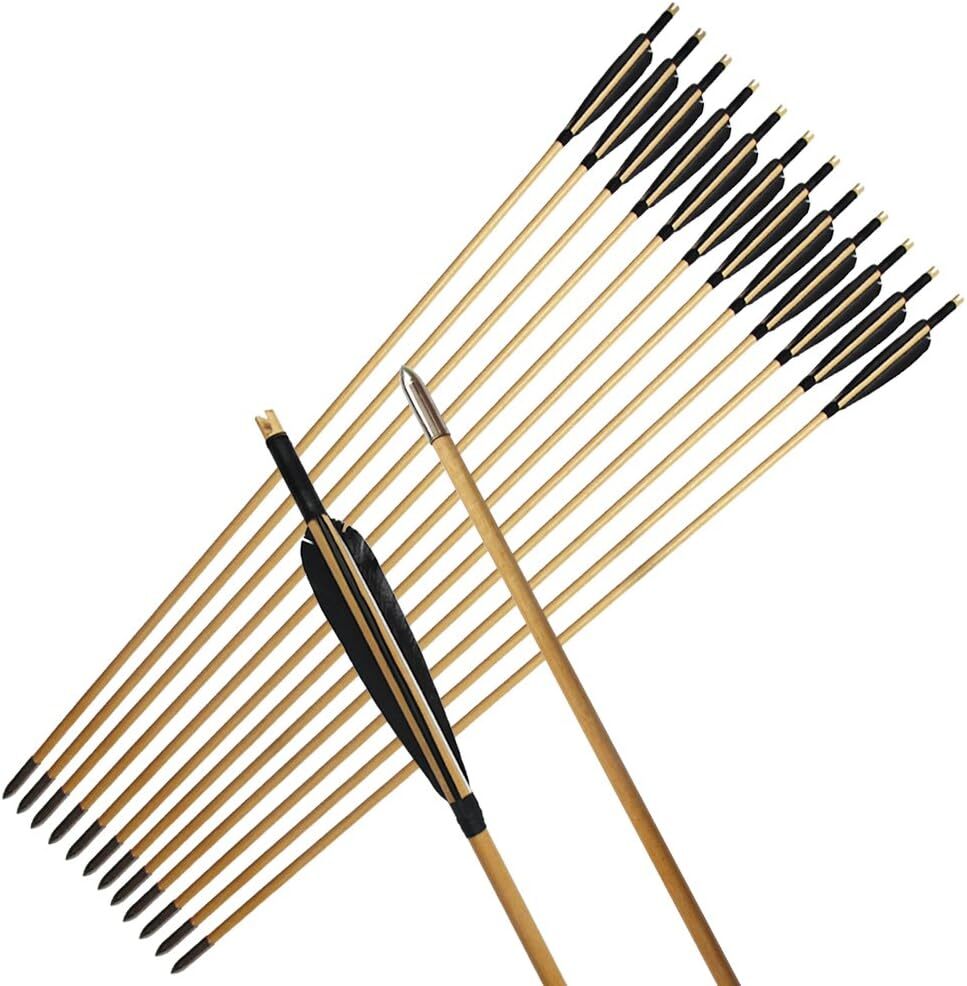 12Pcs 33″ Wooden Arrow LongBow Hunting Red Lightning Turkey Feather Fletching