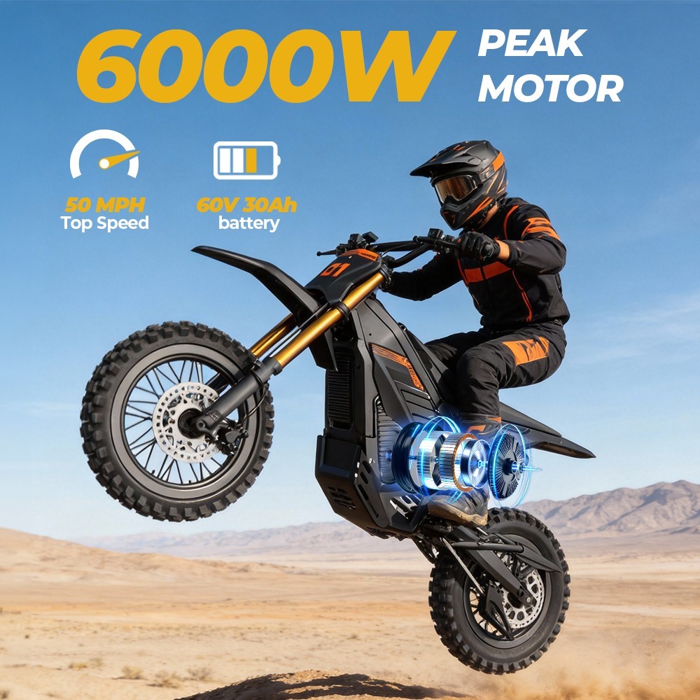 US Adult Electric Dirt Bike 6000W Peak 60V/30Ah Off-Road E Motorcycle 50mph 60mi