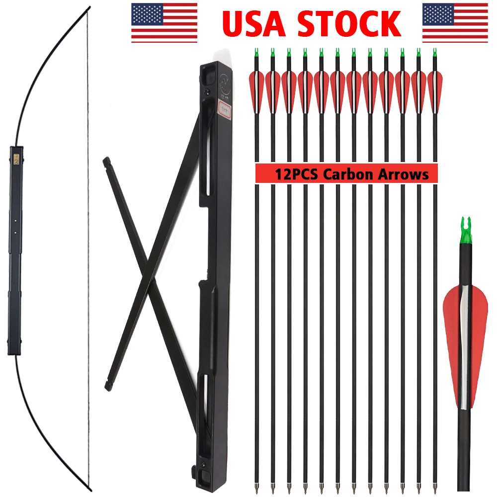 Archery Folding Bow 60″ Longbow 40/60lbs Portable Outdoor Hunting Carbon Arrows