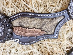 Western Women’s Spur Strap Set with Leather Leaves on Cowhide, Raw Metal Concho