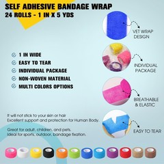 24 Pack Self Adhesive Bandage Wrap, 1 in x 5 Yards Non-Woven Self Adherent Co…