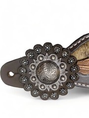 Western Women’s Spur Strap Set with Leather Leaves on Cowhide, Raw Metal Concho
