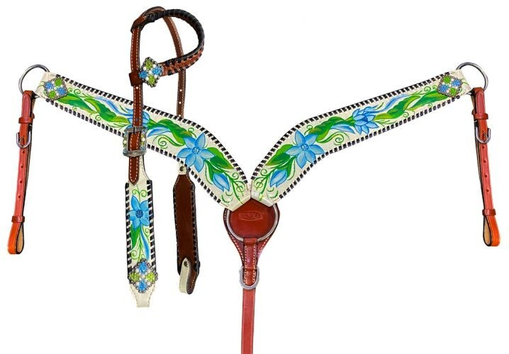 Painted Blue Flowers One Ear Headstall & Breast Collar & Reins NEW