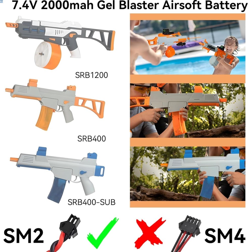 Rechargeable 7.4V 2000mAh LiPo Battery Pack for Airsoft Gel Blasters – 2 Pack