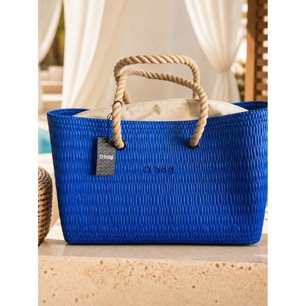 O bag Blue Textured Beach Tote BagRoyal Blue with Taupe linerRope Handle NWT