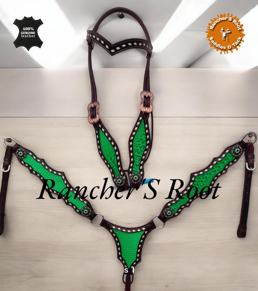 Western Leather Tack Set For Horse | Green Gator With V Shape Tack Set