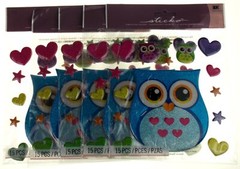Sticko Dimensional Owl Stickers 15 pcs Lot 5 Hearts Stars Large Small Strapbook
