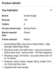 Double Eagle Airsoft-M301F with Spring, Material: : Plastic, Manual Charging