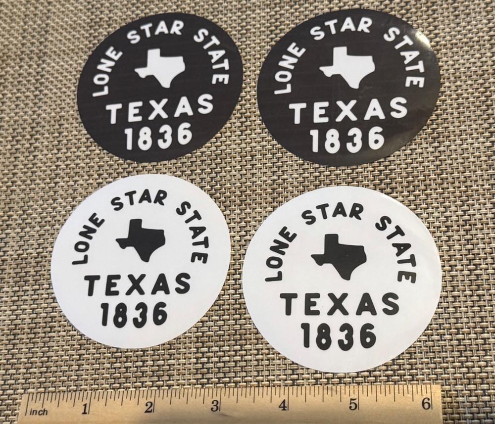 4 Texas Sticker Decal Round Lone Star State Black White 3 inch 1836 Shape Flag
