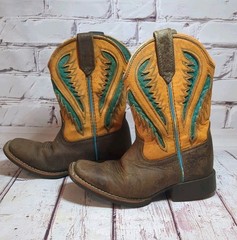 Ariat Ventek Wiggle Room Western Square Toe Boots Brown Turquoise Orange Kids 10