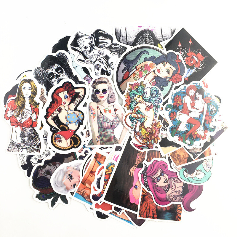 50pc Sexy Tattoo Girls, Punk Goth Sticker Pack, Vinyl Decal Bomb Lot, PVC, JDM