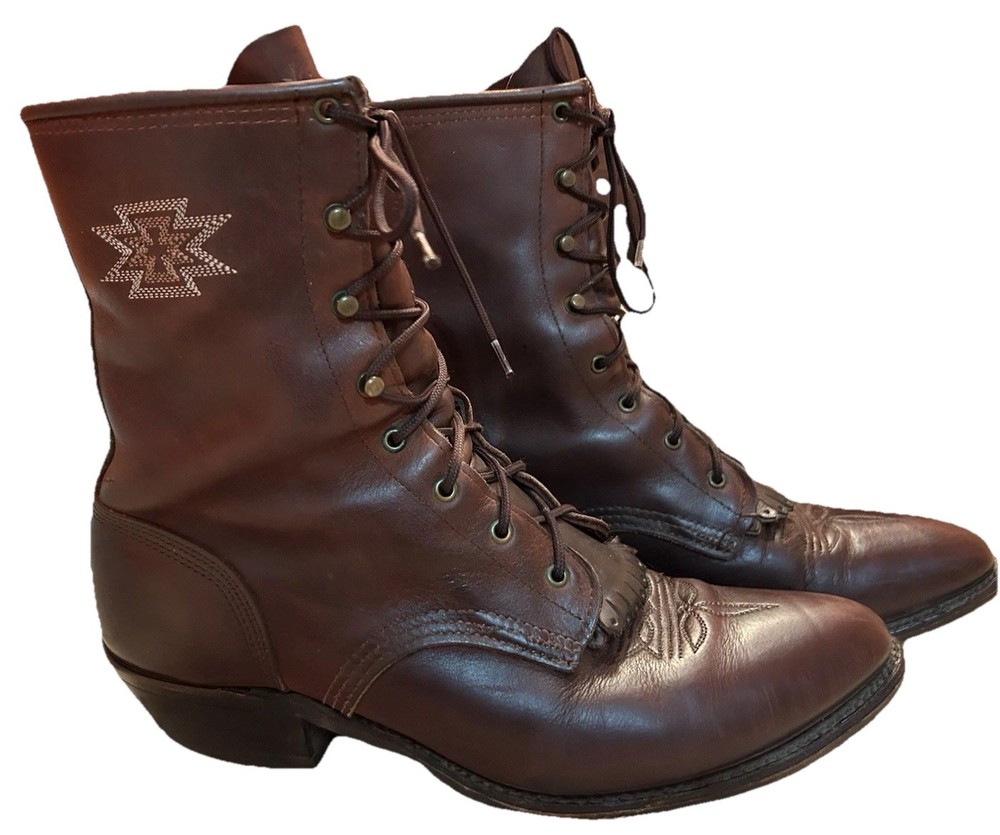 Vintage Packer Boots Brown Women’s Size 10 Lace-Up Kiltie Western Aztec Stitch