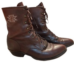 Vintage Packer Boots Brown Women’s Size 10 Lace-Up Kiltie Western Aztec Stitch